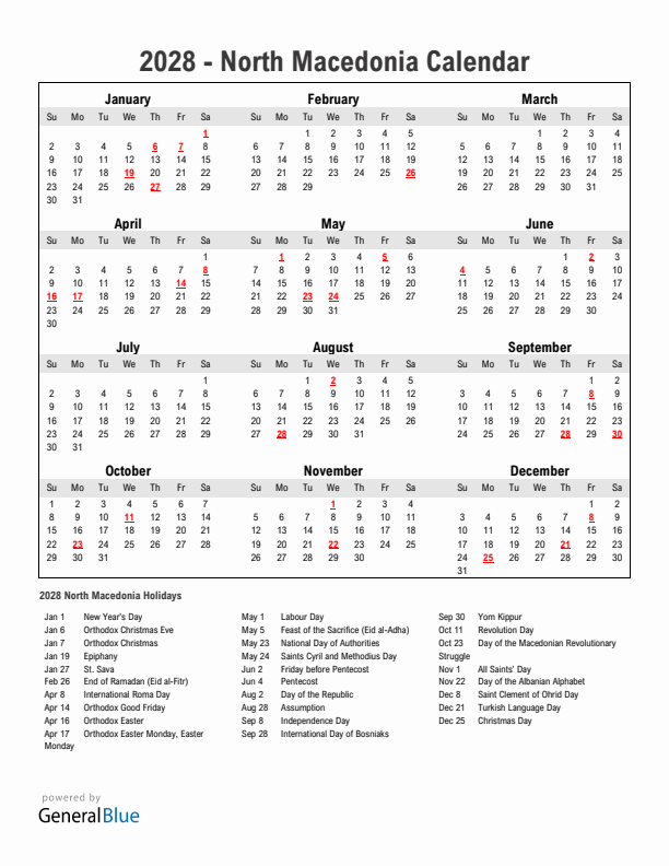 Year 2028 Simple Calendar With Holidays in North Macedonia