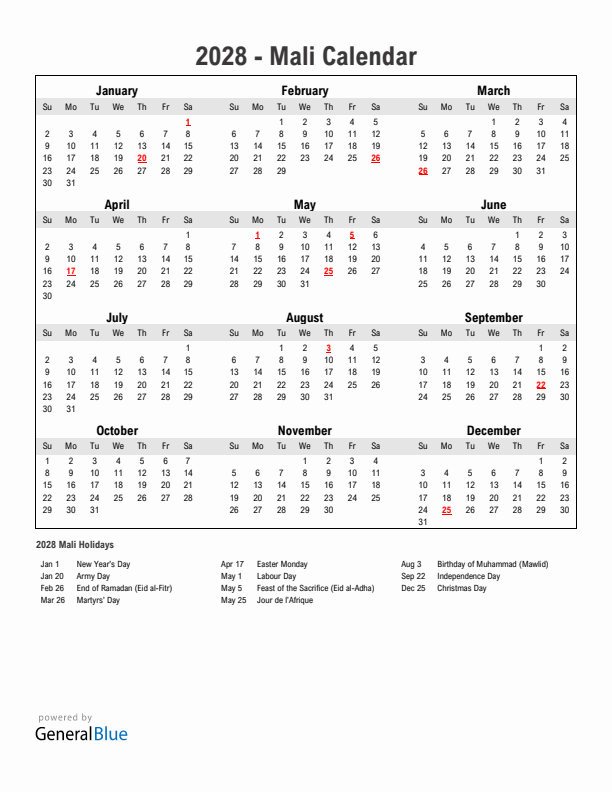Year 2028 Simple Calendar With Holidays in Mali