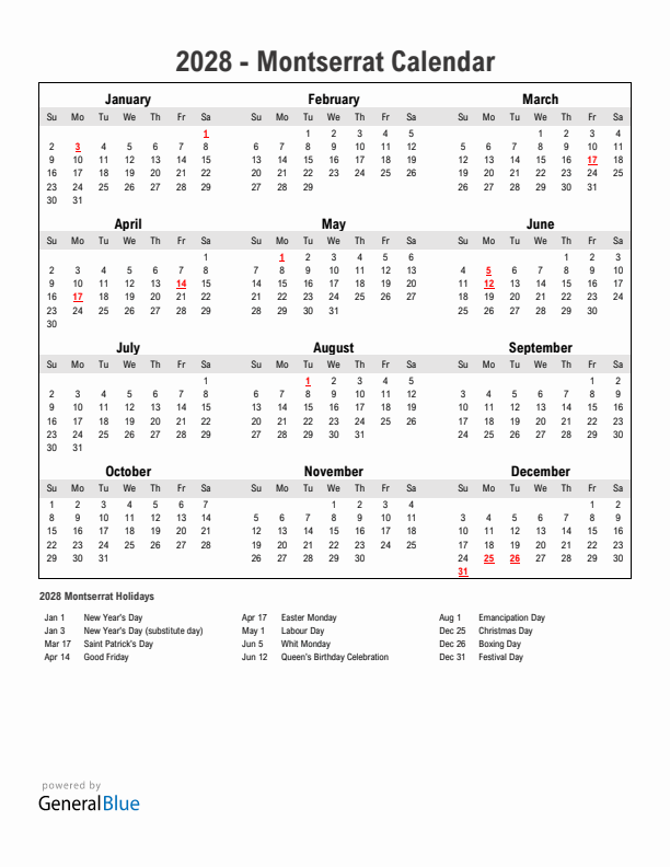 Year 2028 Simple Calendar With Holidays in Montserrat