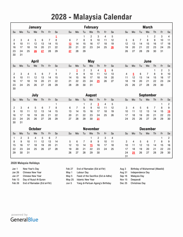 Year 2028 Simple Calendar With Holidays in Malaysia