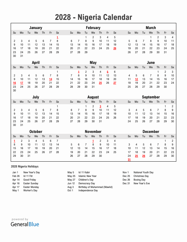 Year 2028 Simple Calendar With Holidays in Nigeria