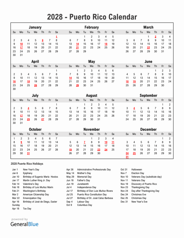 Year 2028 Simple Calendar With Holidays in Puerto Rico
