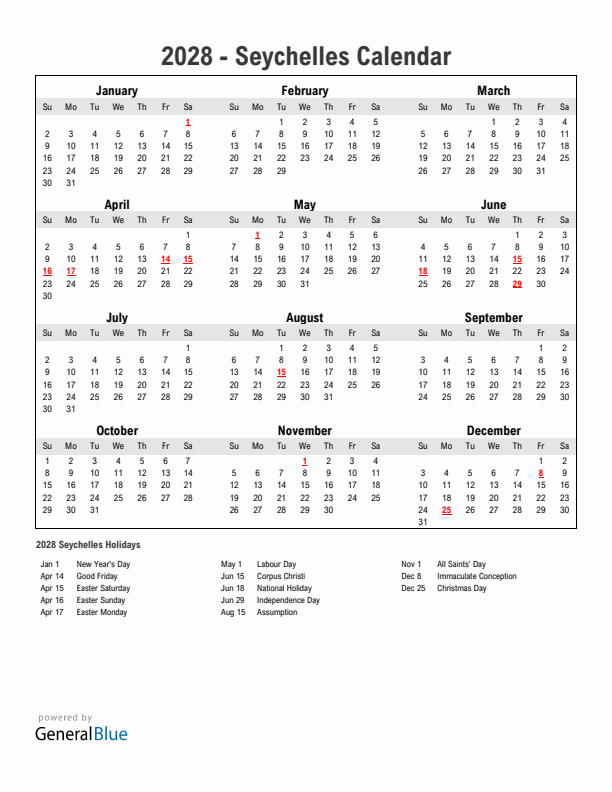 Year 2028 Simple Calendar With Holidays in Seychelles