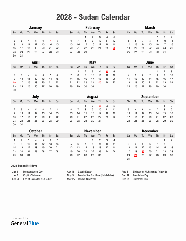 Year 2028 Simple Calendar With Holidays in Sudan