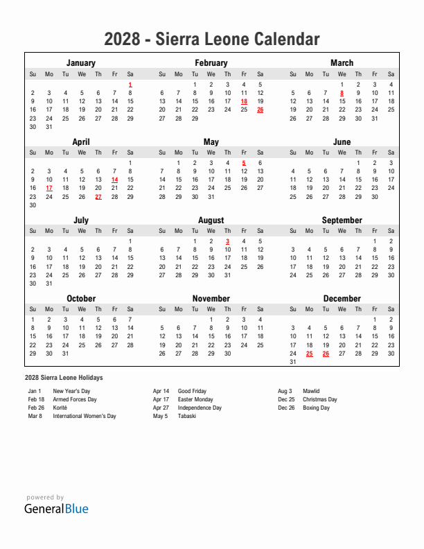 Year 2028 Simple Calendar With Holidays in Sierra Leone