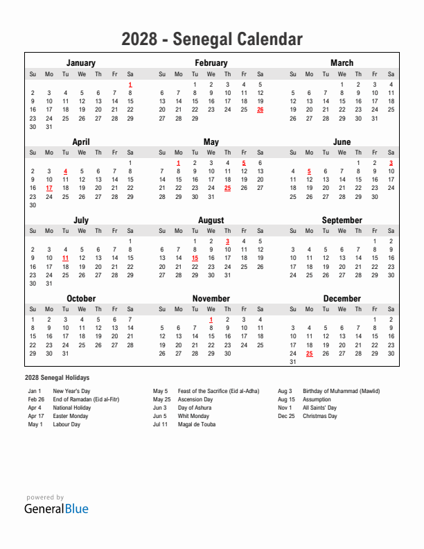 Year 2028 Simple Calendar With Holidays in Senegal