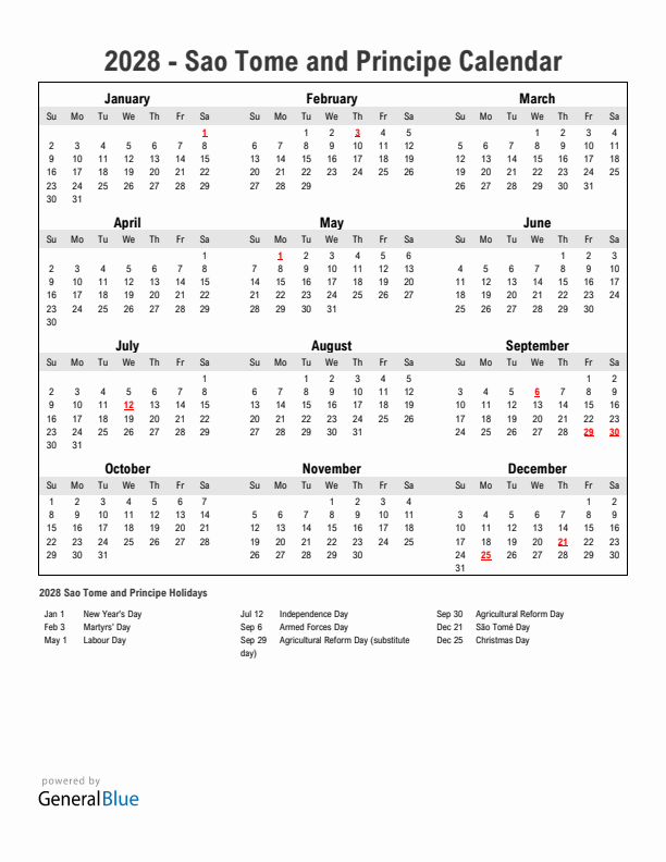 Year 2028 Simple Calendar With Holidays in Sao Tome and Principe