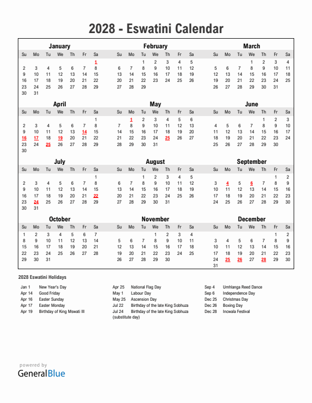 Year 2028 Simple Calendar With Holidays in Eswatini