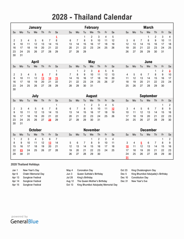 Year 2028 Simple Calendar With Holidays in Thailand