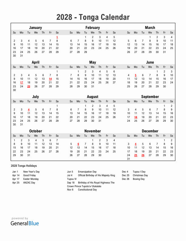 Year 2028 Simple Calendar With Holidays in Tonga