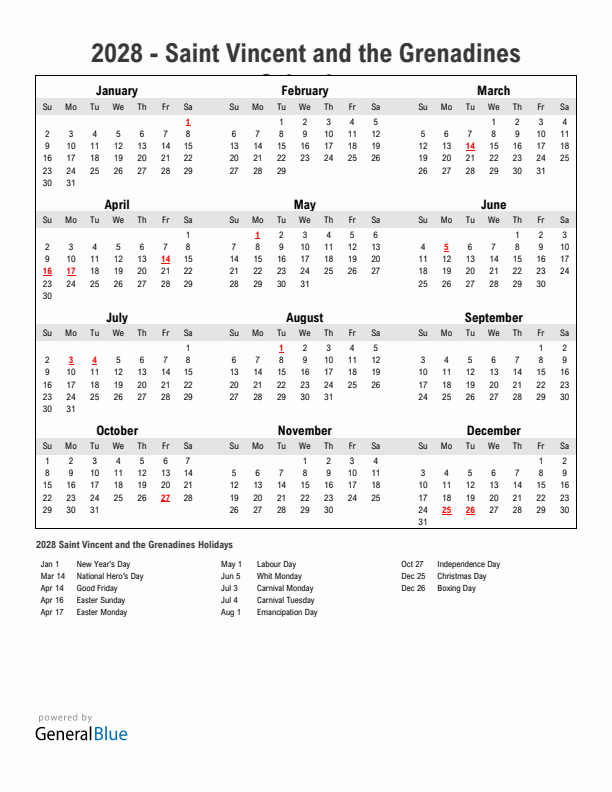 Year 2028 Simple Calendar With Holidays in Saint Vincent and the Grenadines
