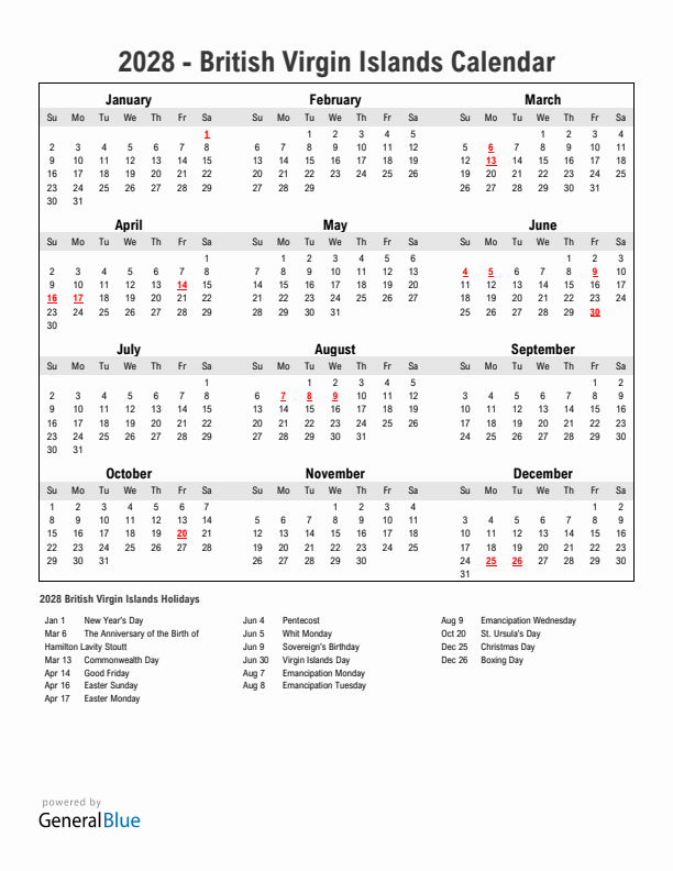 Year 2028 Simple Calendar With Holidays in British Virgin Islands