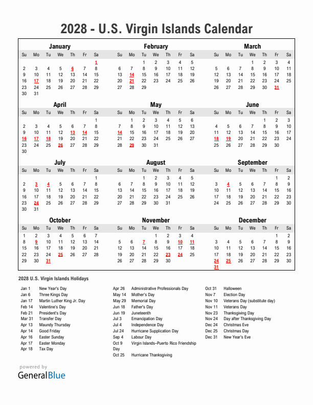 Year 2028 Simple Calendar With Holidays in U.S. Virgin Islands