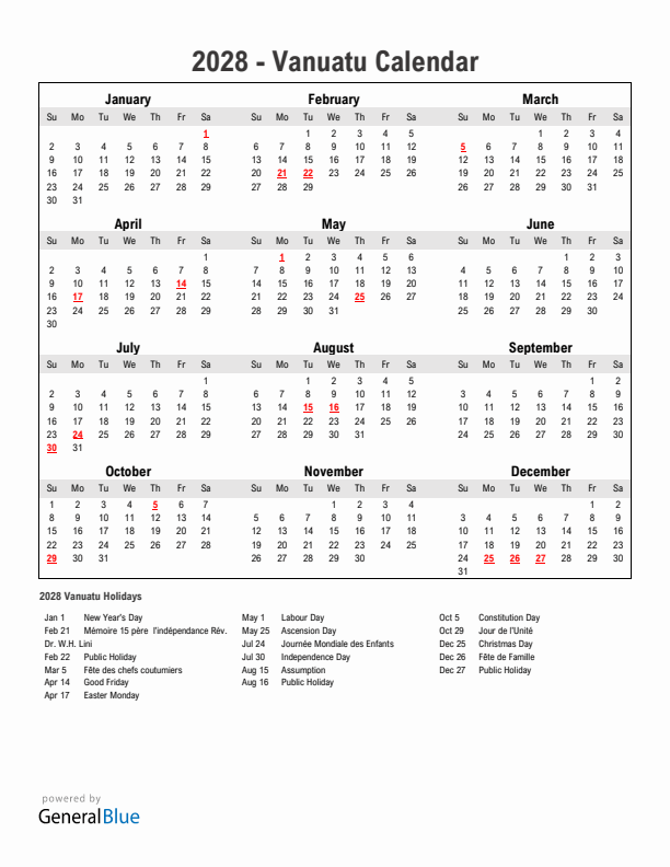 Year 2028 Simple Calendar With Holidays in Vanuatu