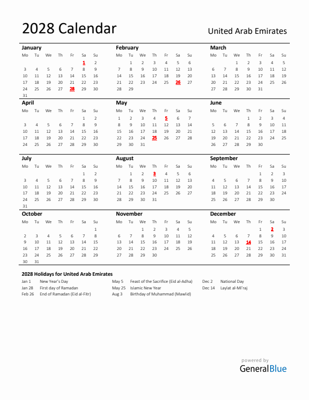 Standard Holiday Calendar for 2028 with United Arab Emirates Holidays