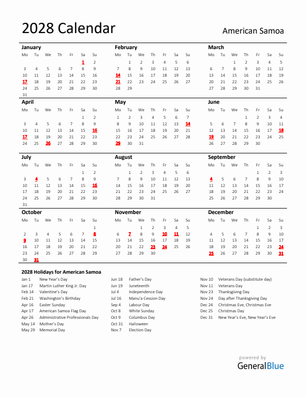 Standard Holiday Calendar for 2028 with American Samoa Holidays 