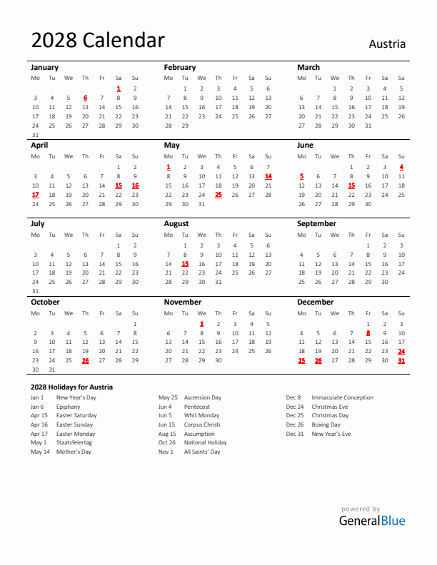 Standard Holiday Calendar for 2028 with Austria Holidays