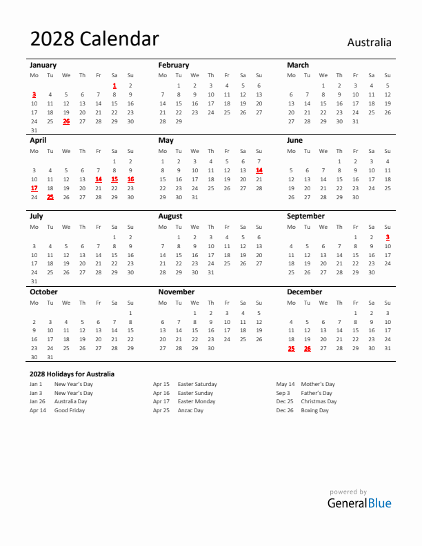 Standard Holiday Calendar for 2028 with Australia Holidays