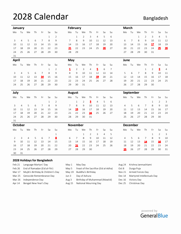 Standard Holiday Calendar for 2028 with Bangladesh Holidays