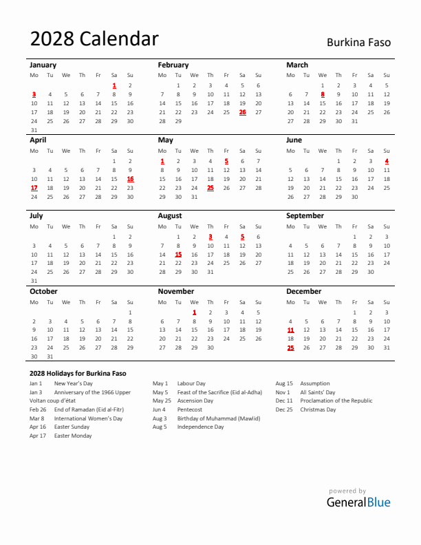 Standard Holiday Calendar for 2028 with Burkina Faso Holidays