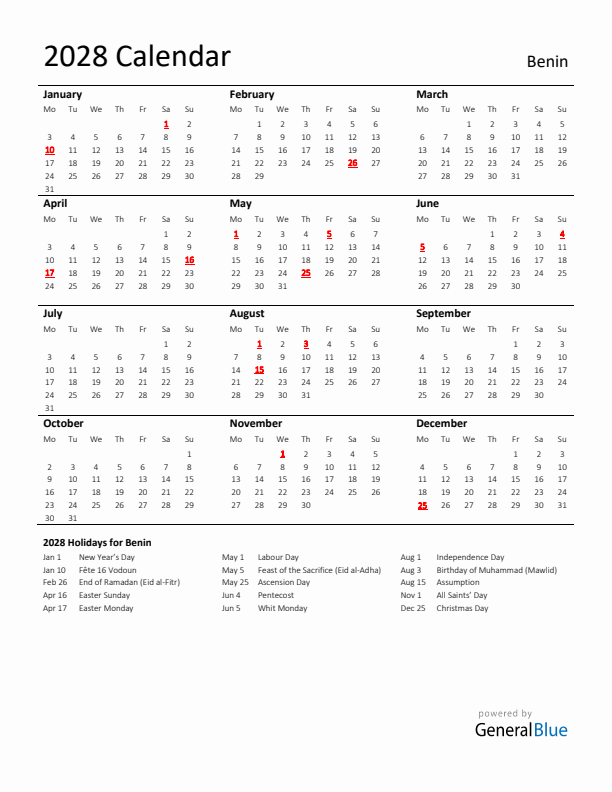 Standard Holiday Calendar for 2028 with Benin Holidays