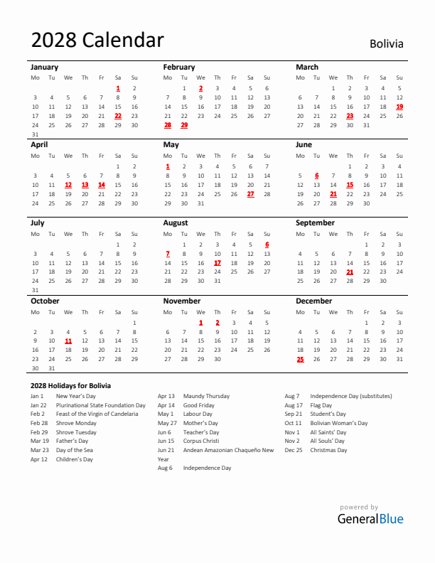 Standard Holiday Calendar for 2028 with Bolivia Holidays