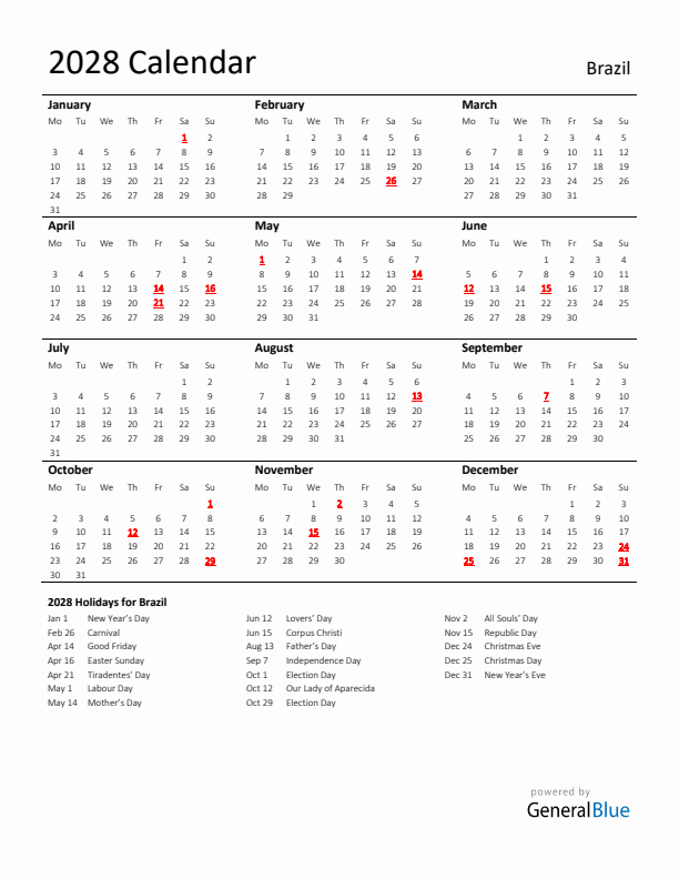 Standard Holiday Calendar for 2028 with Brazil Holidays