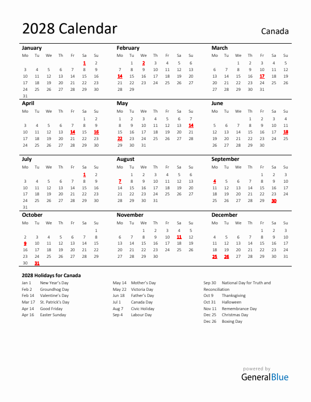 Standard Holiday Calendar for 2028 with Canada Holidays