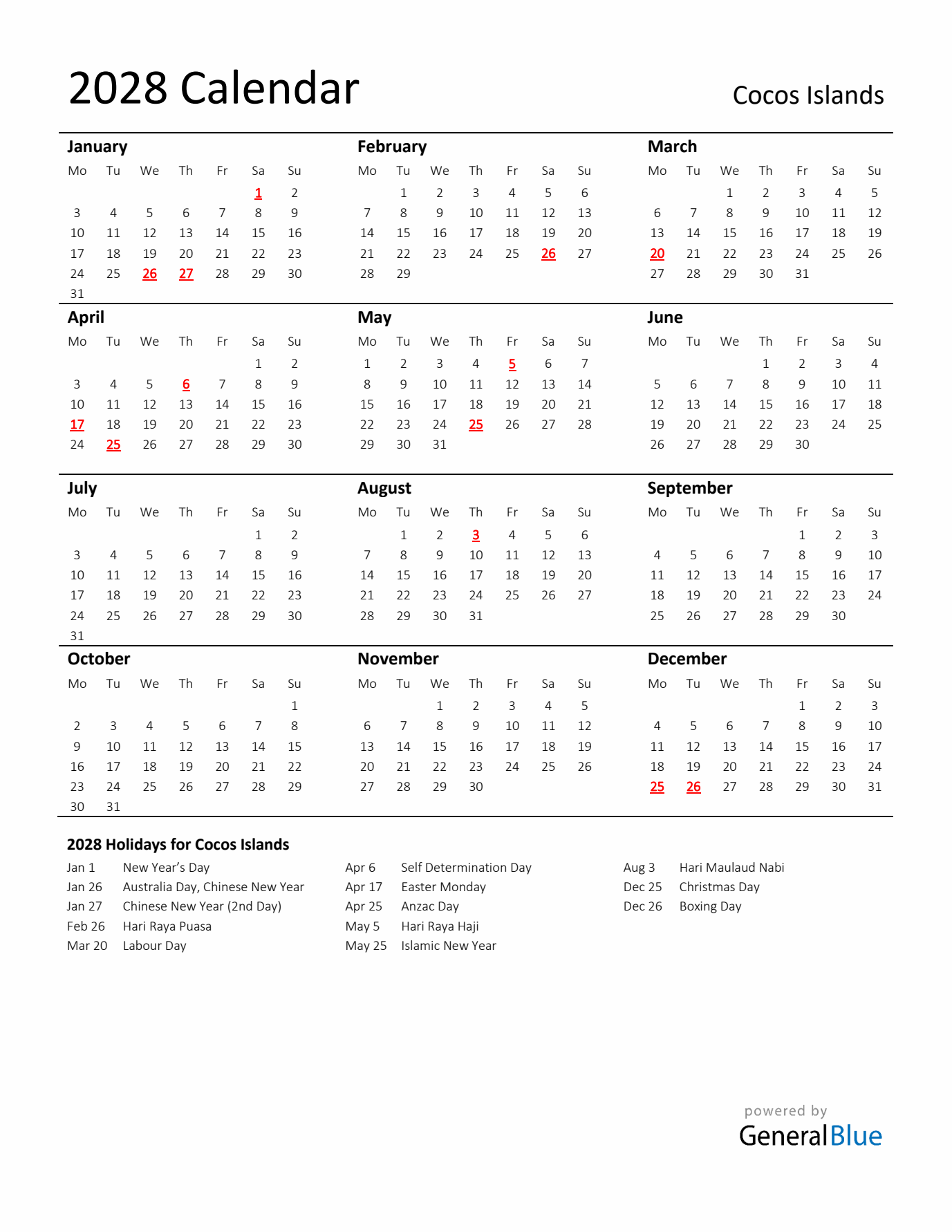Standard Holiday Calendar for 2028 with Cocos Islands Holidays