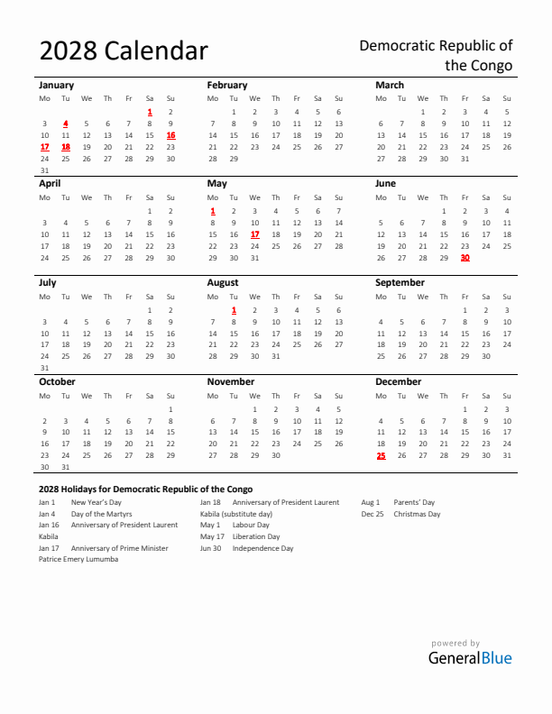 Standard Holiday Calendar for 2028 with Democratic Republic of the Congo Holidays 