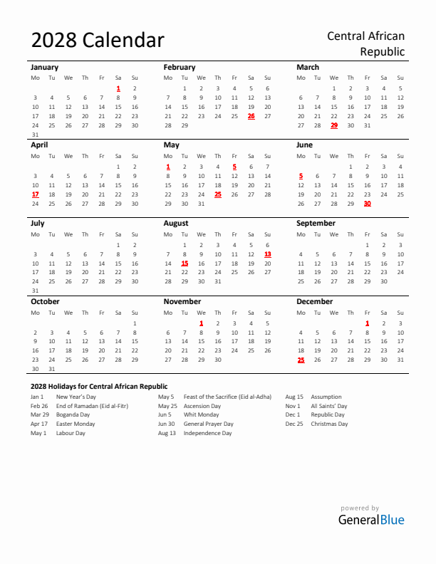 Standard Holiday Calendar for 2028 with Central African Republic Holidays