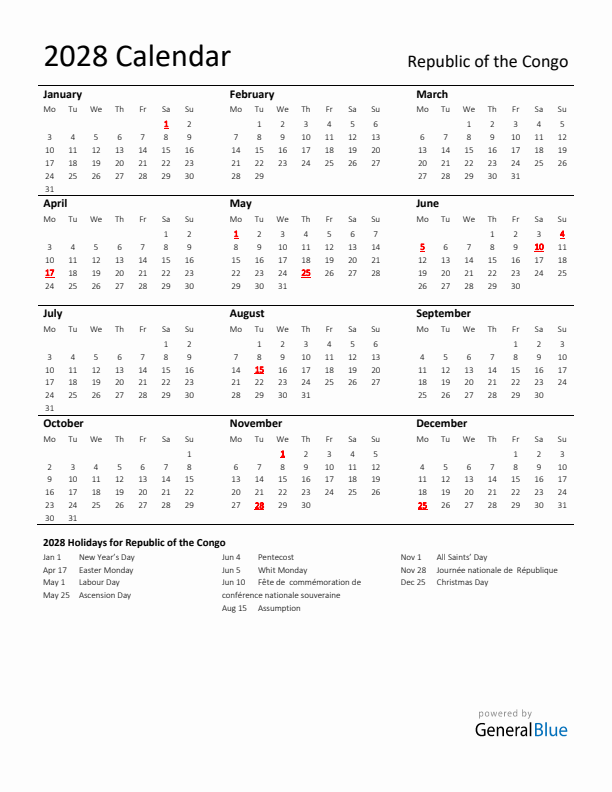 Standard Holiday Calendar for 2028 with Republic of the Congo Holidays 