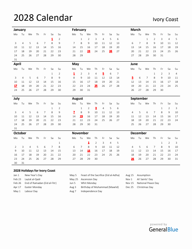 Standard Holiday Calendar for 2028 with Ivory Coast Holidays 
