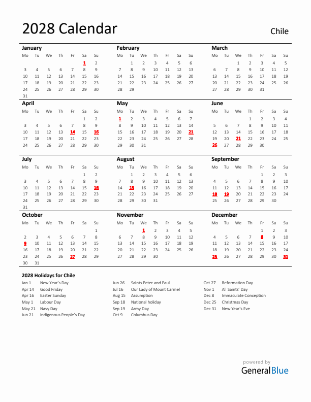 Standard Holiday Calendar for 2028 with Chile Holidays
