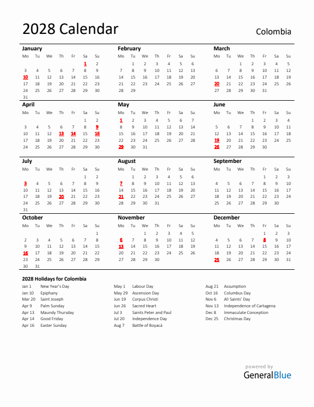 Standard Holiday Calendar for 2028 with Colombia Holidays