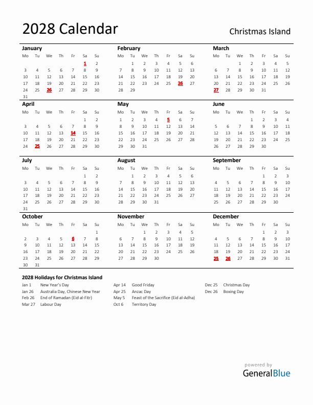 Standard Holiday Calendar for 2028 with Christmas Island Holidays