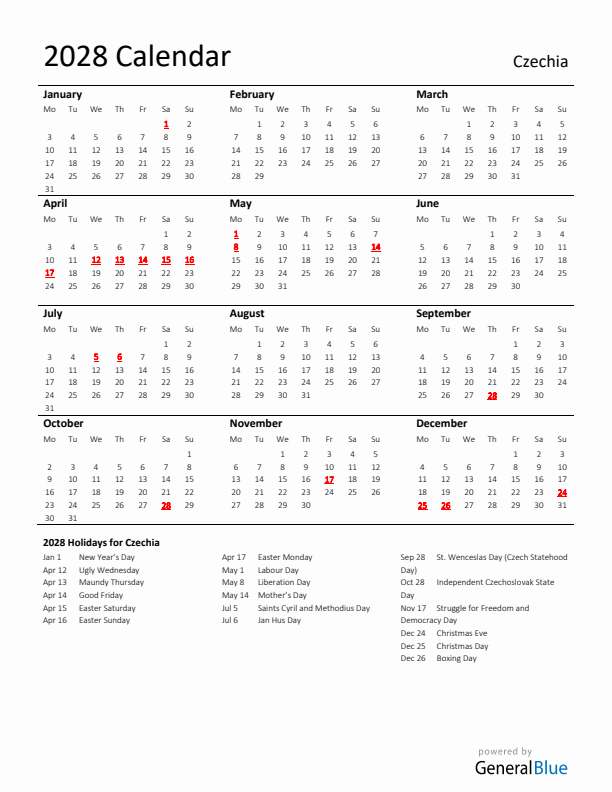 Standard Holiday Calendar for 2028 with Czechia Holidays 