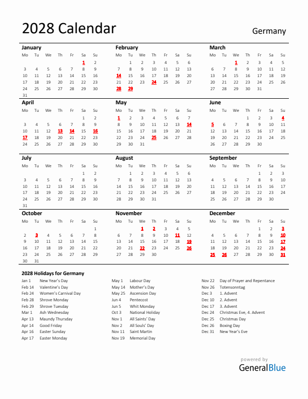 Standard Holiday Calendar for 2028 with Germany Holidays