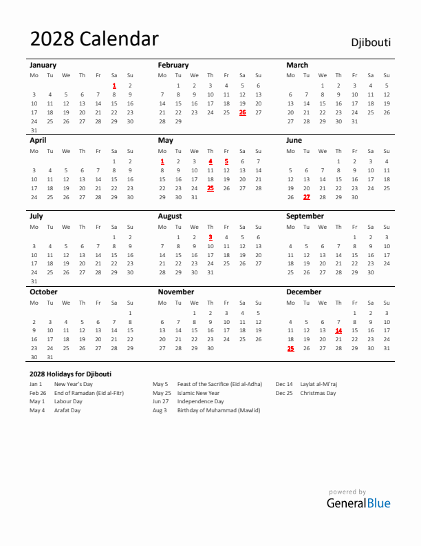 Standard Holiday Calendar for 2028 with Djibouti Holidays