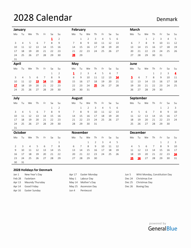 Standard Holiday Calendar for 2028 with Denmark Holidays