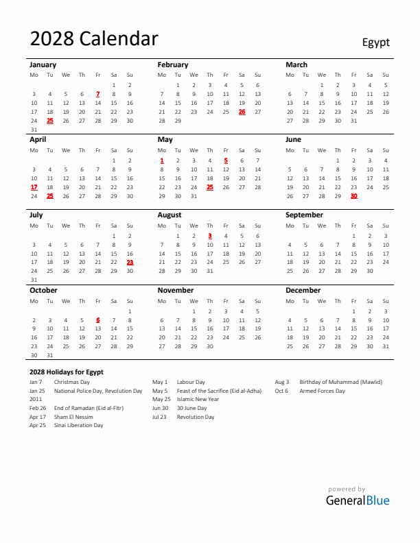 Standard Holiday Calendar for 2028 with Egypt Holidays 