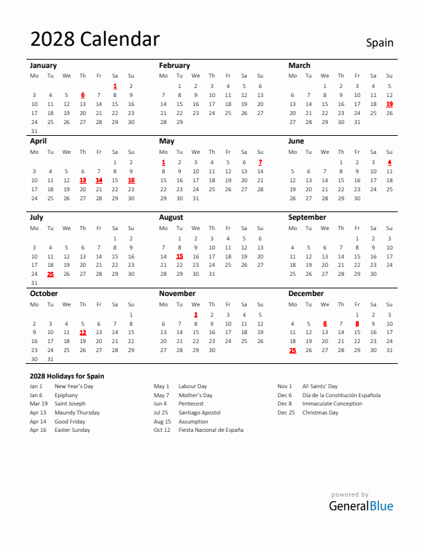 Standard Holiday Calendar for 2028 with Spain Holidays