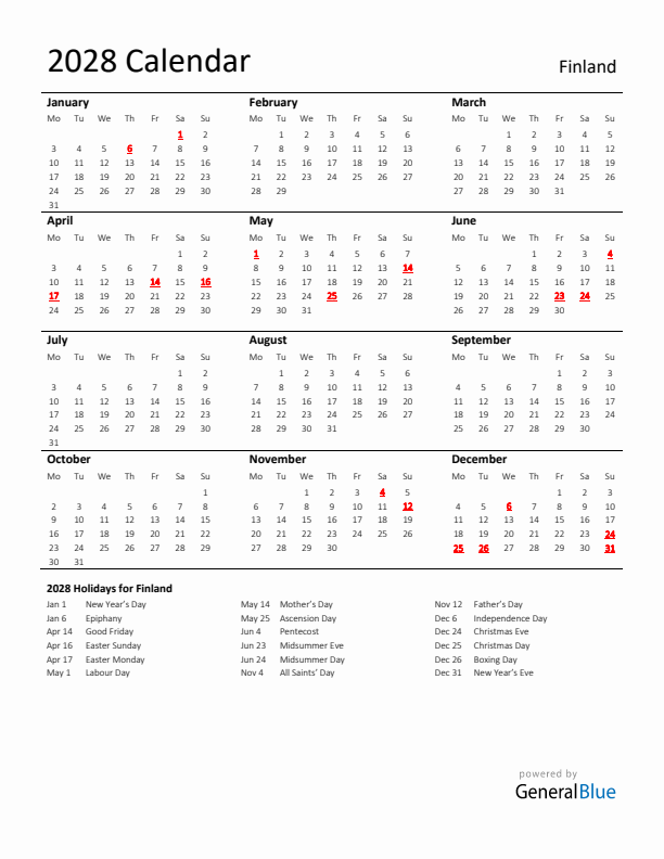 Standard Holiday Calendar for 2028 with Finland Holidays