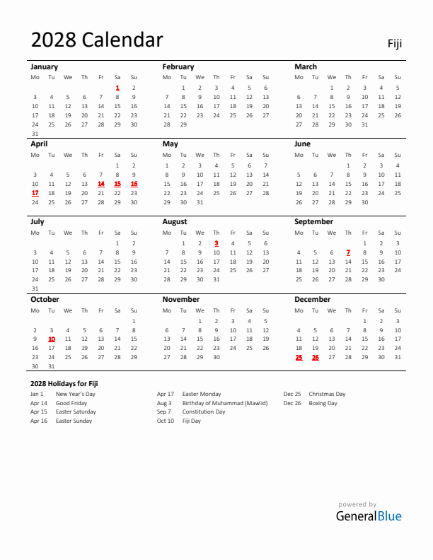 Standard Holiday Calendar for 2028 with Fiji Holidays 
