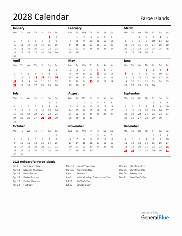 Standard Holiday Calendar for 2028 with Faroe Islands Holidays