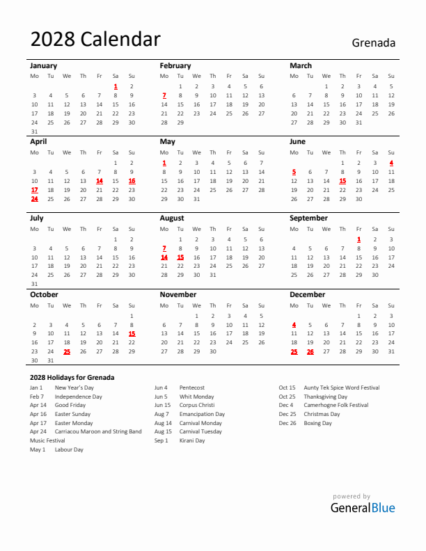Standard Holiday Calendar for 2028 with Grenada Holidays