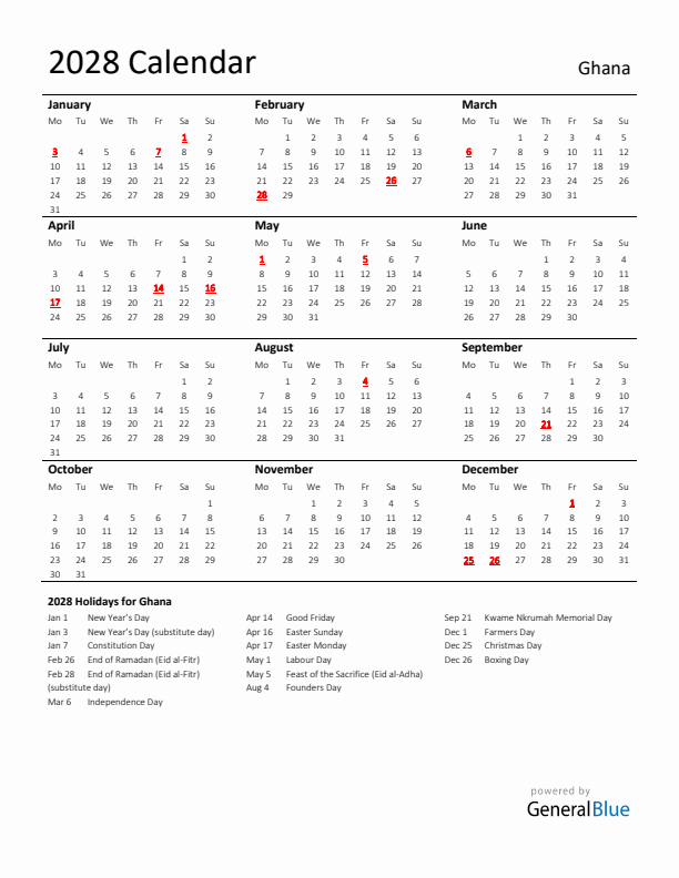 Standard Holiday Calendar for 2028 with Ghana Holidays 