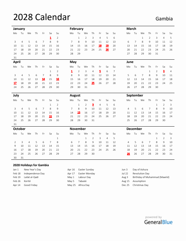 Standard Holiday Calendar for 2028 with Gambia Holidays 