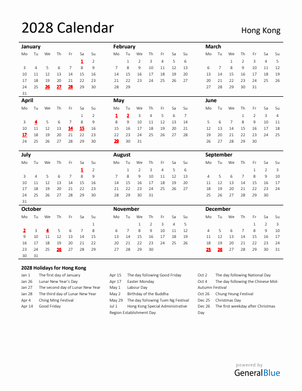 Standard Holiday Calendar for 2028 with Hong Kong Holidays 