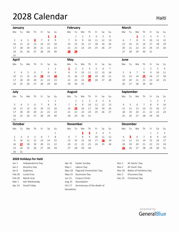 Standard Holiday Calendar for 2028 with Haiti Holidays